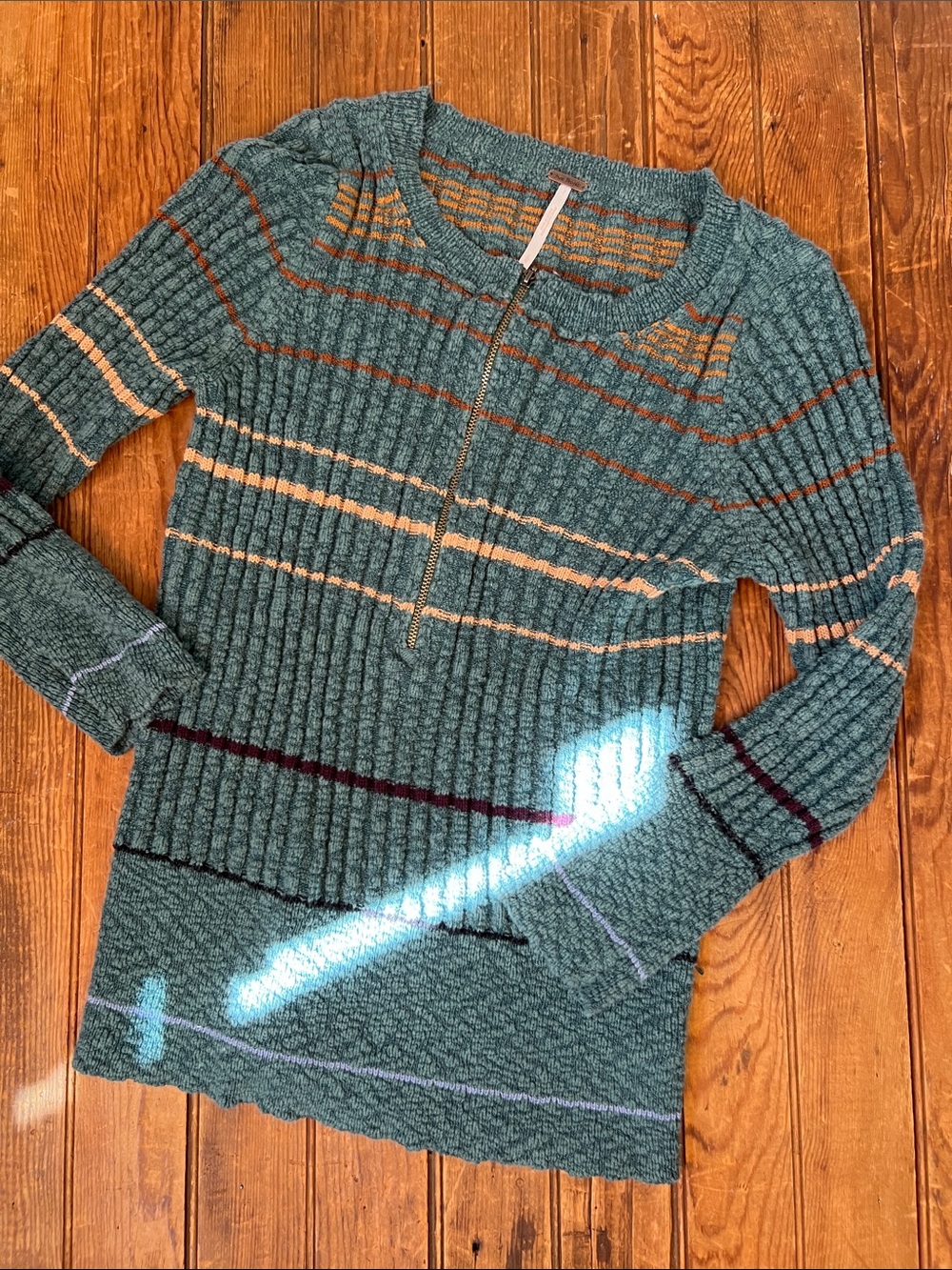 EUC Womens Free Peopke Teal Ribbed Half-Zip Sweater Striped Accents size large